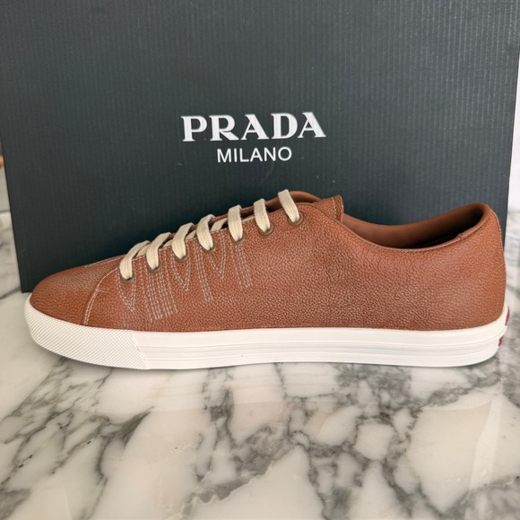 Prada Milano 2EE448 Mens Brown Pebbled Leather Low Top Sneakers, UK 7 main image 8